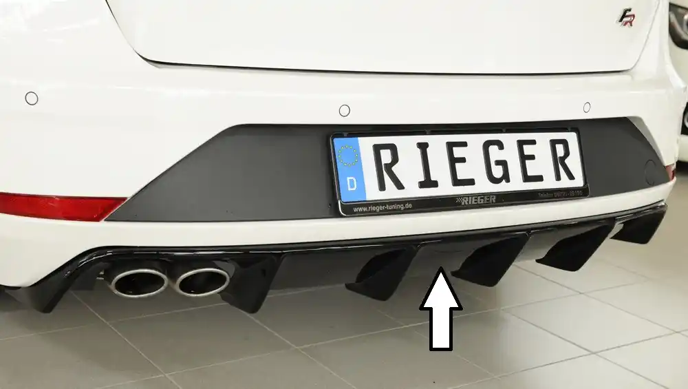 Objednat Nyní Rieger vložka zadního nárazníku pro Seat Leon FR 5F 5-dvéř. (ST/Combi) po faceliftu, plast ABS lakovaný do černé lesklé barvy, pro dvojitou koncovku vlevo