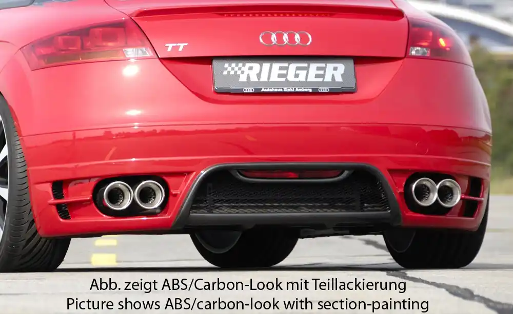 Zlevněný Rieger spoiler pod zadní nárazník pro Audi TT 8J kupé, roadster před faceliftem r.v. 09/06-06/10, plast ABS s povrchovou úpravou Carbon-Look, pro dvojité koncovky vlevo/vpravo