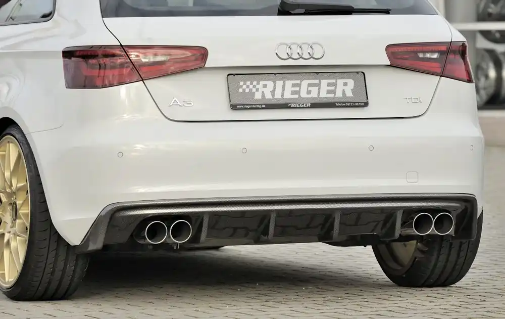 Rieger vložka zadního nárazníku pro Audi A3 8V 3-dvéř. (hatchback 8V1), 5-dvéř. (sportback 8VA) před faceliftem, plast ABS s povrchovou úpravou Carbon-Look, pro dvojité koncovky na obou stranách Nejprodávanější