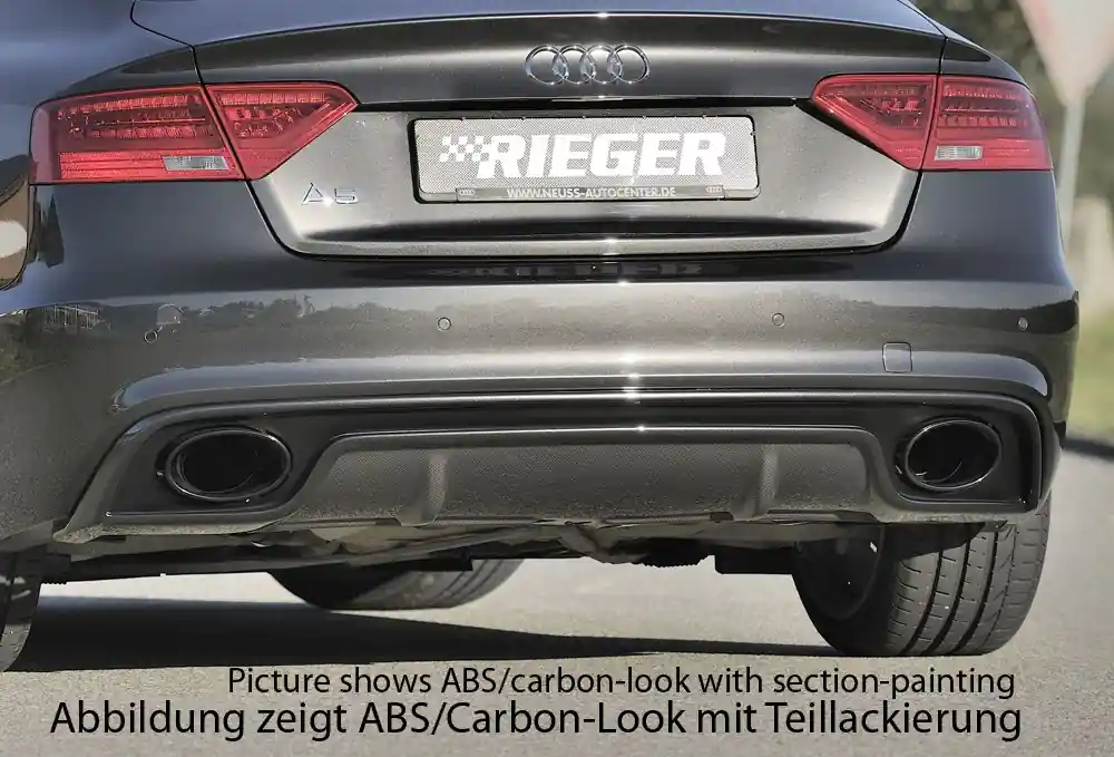 Hit Sezóny Rieger vložka zadního nárazníku pro Audi A5 B8, B81 Sportback po faceliftu, plast ABS s povrchovou úpravou Carbon-Look, S-Line, pro oválné výfukové deflektory na obou stranách 185x120 mm