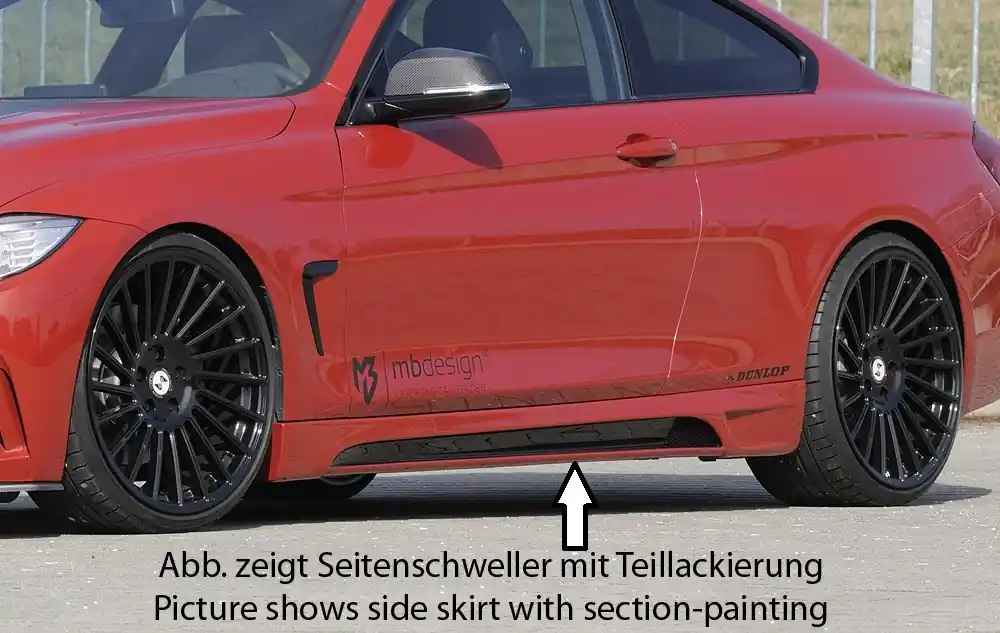 Ověřený Rieger boční práh mont. strana levá pro BMW řada 4 F32, F33 coupe (3-dvéř.), kabriolet vč. faceliftu, r.v. 03/13-06/15, 07/15-, 11/12-06/15, plast ABS s povrchovou úpravou Carbon-Look, s prolisem a výřezem