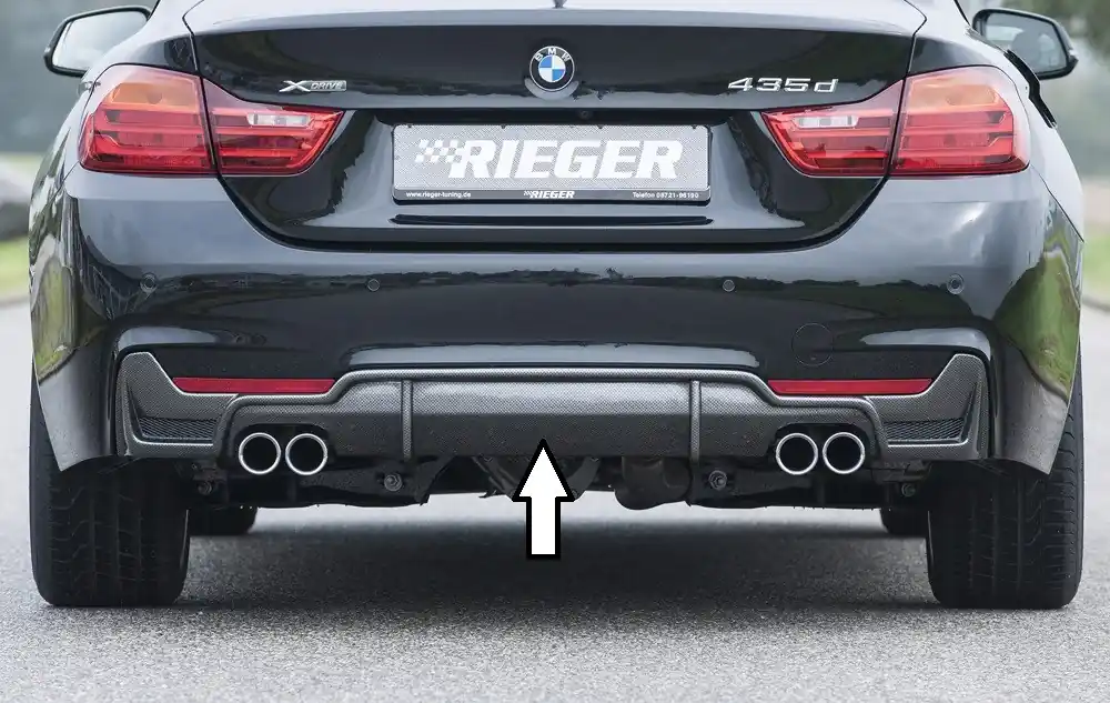 Rieger vložka zadního nárazníku pro BMW řada 4 F32, F33, F36 coupe (3-dvéř.), gran coupe (5-dvéř.), kabriolet vč. faceliftu, plast ABS s povrchovou úpravou Carbon-Look, pro dvojité koncovky na obou stranách 4x76 mm vč. mřížky Akce