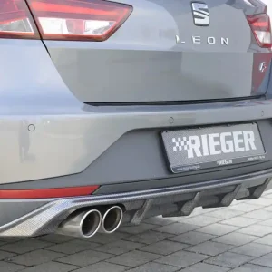 Časově Omezené Rieger vložka zadního nárazníku pro Seat Leon FR 5F 5-dvéř. (ST/Combi) před faceliftem, plast ABS s povrchovou úpravou Carbon-Look, pro dvojitou koncovku vlevo