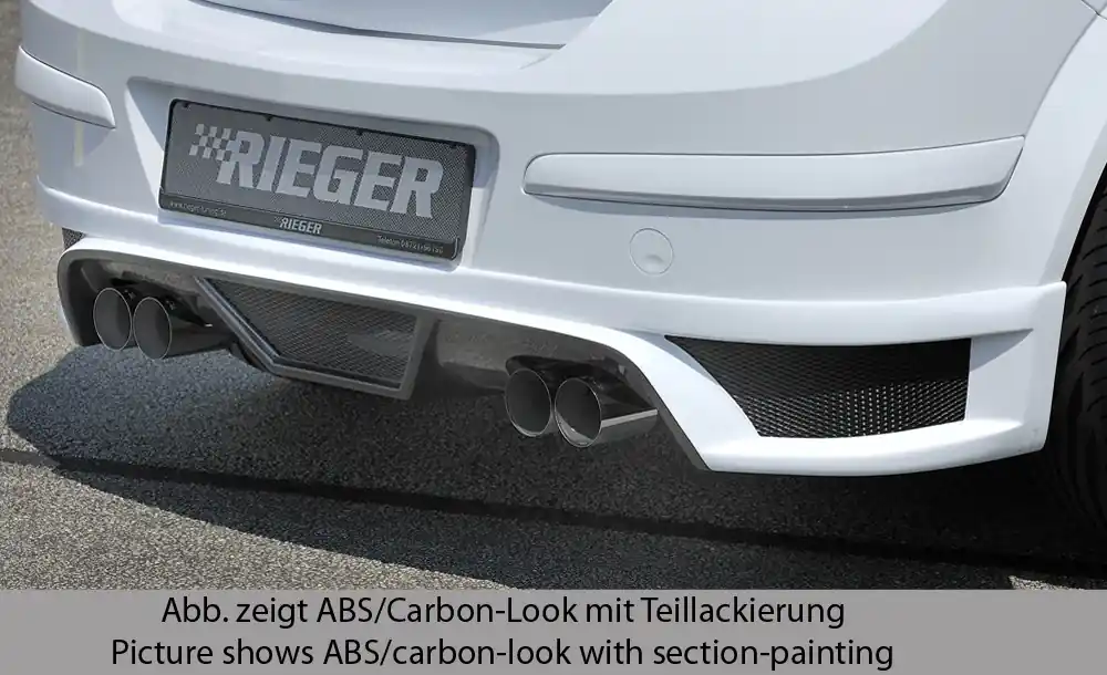 Ověřený Rieger spoiler pod zadní nárazník pro Opel Astra H 5-dvéř., hatchback, notchback r.v. 03/04-, plast ABS s povrchovou úpravou Carbon-Look, pro dvojité koncovky na obou stranách