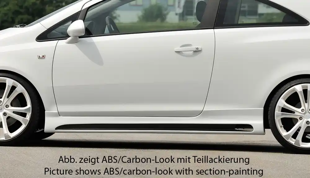 Rieger boční práh mont. strana levá pro Opel Corsa D 3-dvéř. vč. faceliftu, r.v. 01/11-, 07/06-12/10, plast ABS s povrchovou úpravou Carbon-Look, s prolisem a výřezem Originální