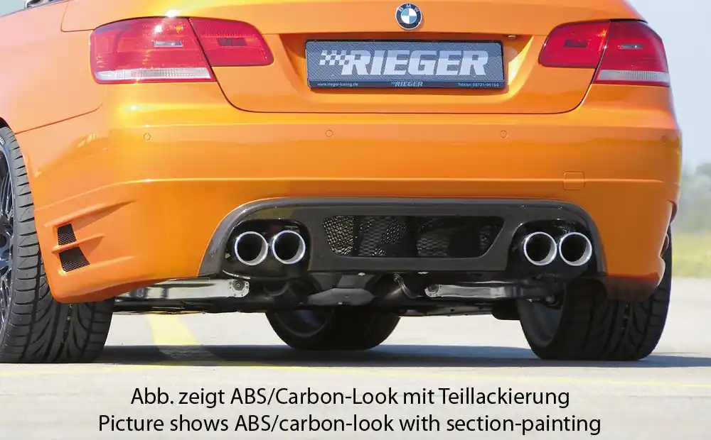Rieger spoiler pod zadní nárazník pro BMW řada 3 E92, E93 kabriolet, kupé před faceliftem r.v. 03/07-02/10, 09/06-02/10, plast ABS s povrchovou úpravou Carbon-Look, pouze pro 335i, pro dvojité koncovky na obou stranách Cenový Hit