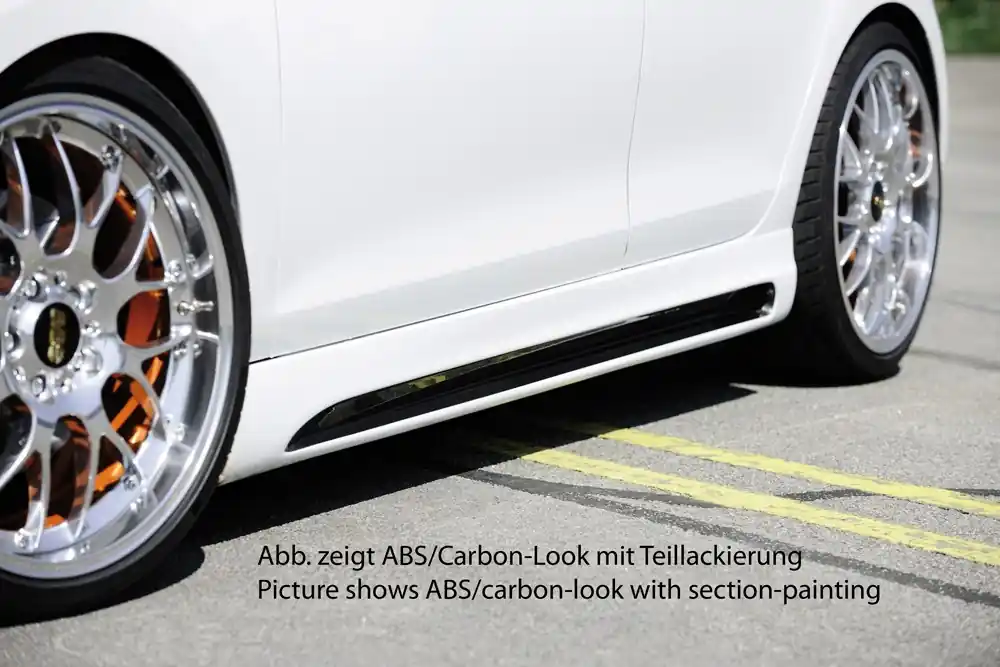 Rieger boční práh mont. strana pravá pro Volkswagen Golf 6 vč. GTD, GTI 3-dvéř., 5-dvéř., kabriolet, variant, plast ABS s povrchovou úpravou Carbon-Look, s prolisem a výřezem Must-Have