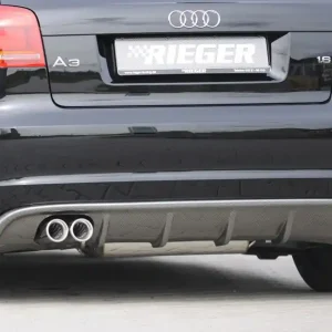 Rieger vložka zadního nárazníku pro Audi A3 8P 3-dvéř., kabriolet po faceliftu, plast ABS s povrchovou úpravou Carbon-Look, pro dvojitou koncovku vlevo 2x76 mm Finální Výprodej