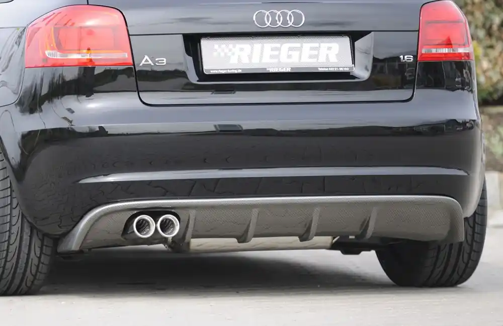 Rieger vložka zadního nárazníku pro Audi A3 8P 3-dvéř., kabriolet po faceliftu, plast ABS s povrchovou úpravou Carbon-Look, pro dvojitou koncovku vlevo 2x76 mm Finální Výprodej