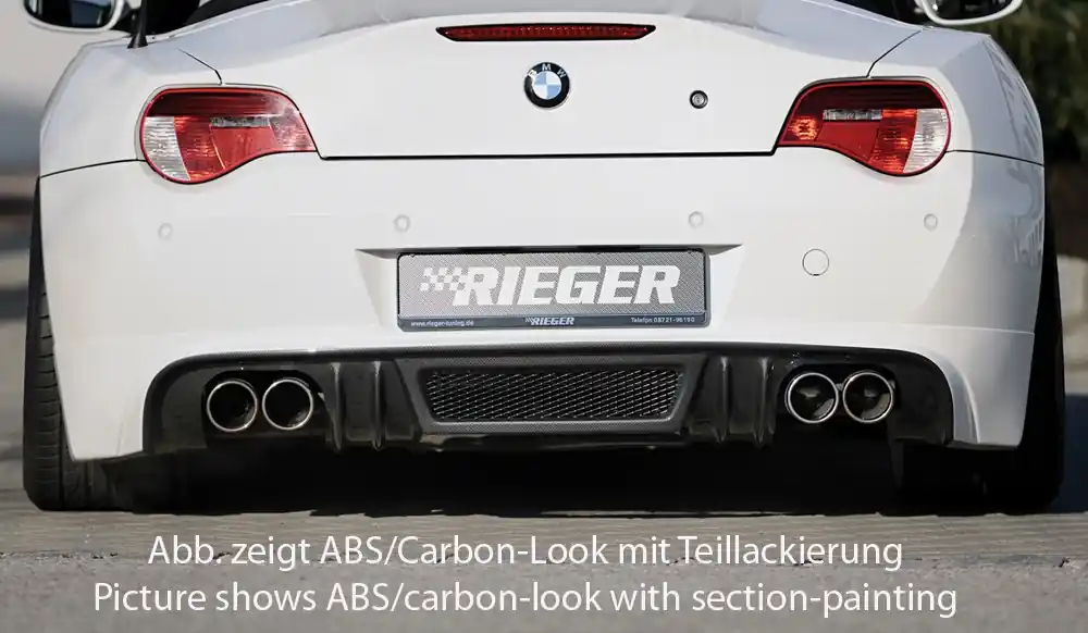 Nakupujte Hned Rieger spoiler pod zadní nárazník pro BMW Z4 E85 kupé, roadster po faceliftu r.v. 01/06-03/09, plast ABS s povrchovou úpravou Carbon-Look, pro orig. dvojité koncovky na obou stranách 4x76 mm