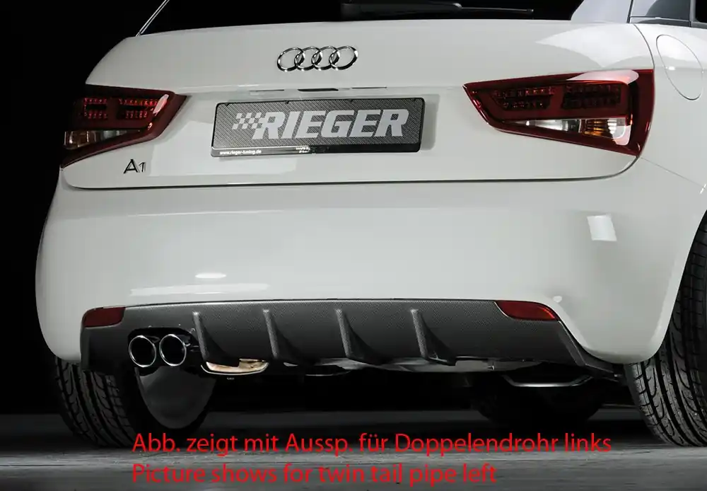 Rieger vložka zadního nárazníku pro Audi A1 8X 3-dvéř., 5-dvéř. (sportback) před faceliftem, plast ABS s povrchovou úpravou Carbon-Look, pro orig. jednoduchou koncovku vlevo Expresní Doručení