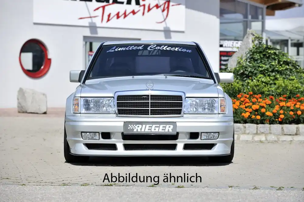 Vysoce Kvalitní Rieger Přední nárazník widebody II pro Mercedes 190 W201 sedan, GFK (laminát), pro vozy s originální maskou, bez výřezu pro mlhová světla