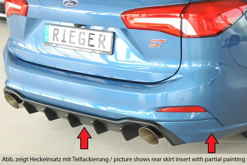 Aktuální Rieger vložka zadního nárazníku pro Ford Focus 4 DEH 5-dvéř. (combi), plast ABS bez povrchové úpravy, pro sportovní koncovky vlevo/vpravo 115 mm