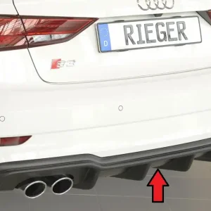 Akce Rieger vložka zadního nárazníku pro Audi A3 S3 8V 3-dvéř. (convertible 8V7), 5-dvéř. (sedan 8VS) po faceliftu, plast ABS bez povrchové úpravy, pro orig. dvojité koncovky na obou stranách 4x90x72 mm