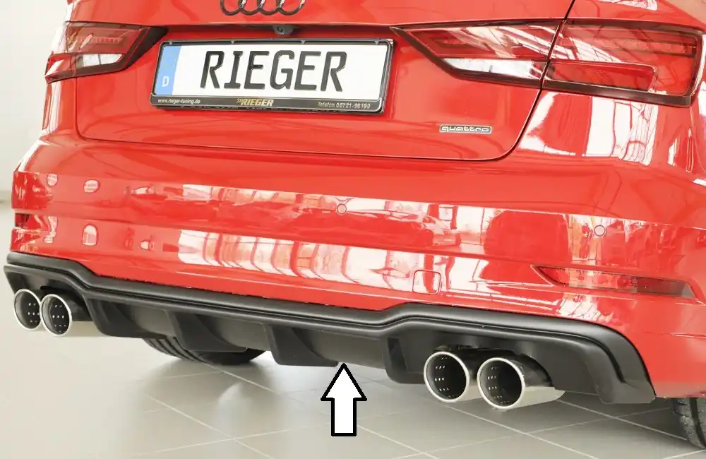 Rieger vložka zadního nárazníku pro Audi A3 8V 3-dvéř. (convertible 8V7), 5-dvéř. (sedan 8VS) po faceliftu, plast ABS bez povrchové úpravy, pro sportovní koncovky na obou stranách 4x90 mm Značkový
